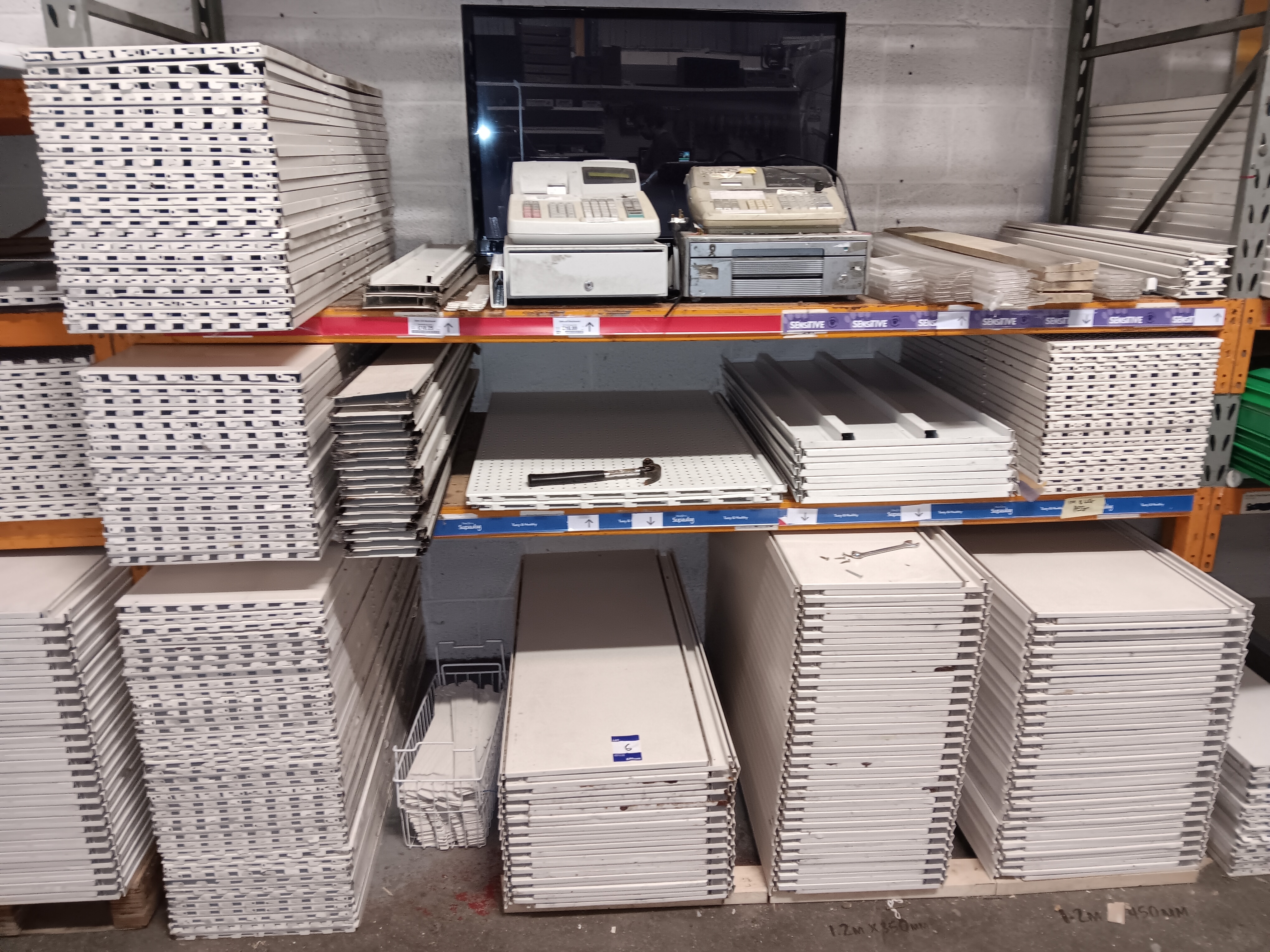 25 x Sections of Metal Wall Display Shelving with Adjustable Height Shelving or Display Arms & 43 x — photo 1