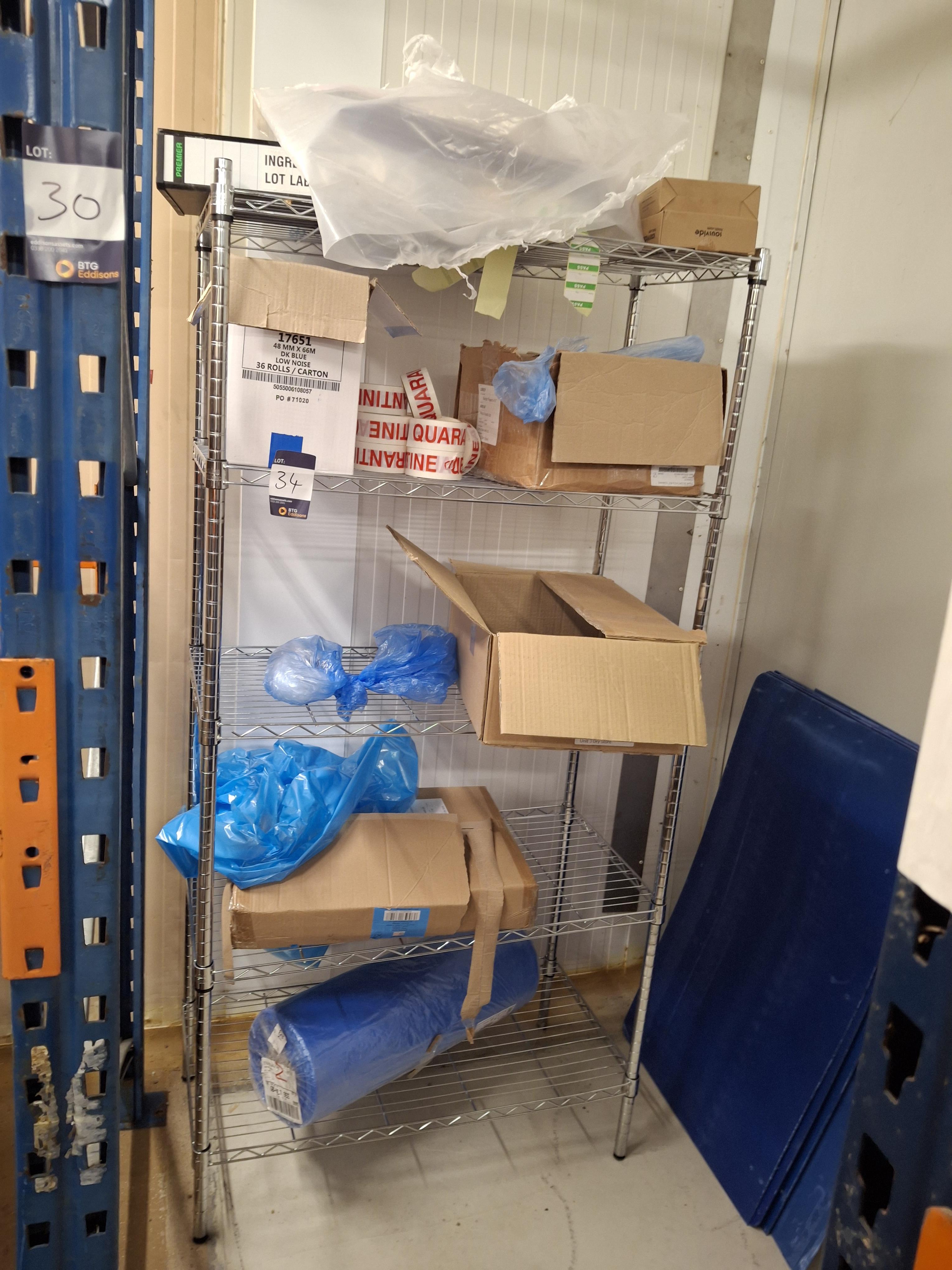 5 tier shelving unit with quantity of blue rolls, rack covers, liners etc. - photo 1