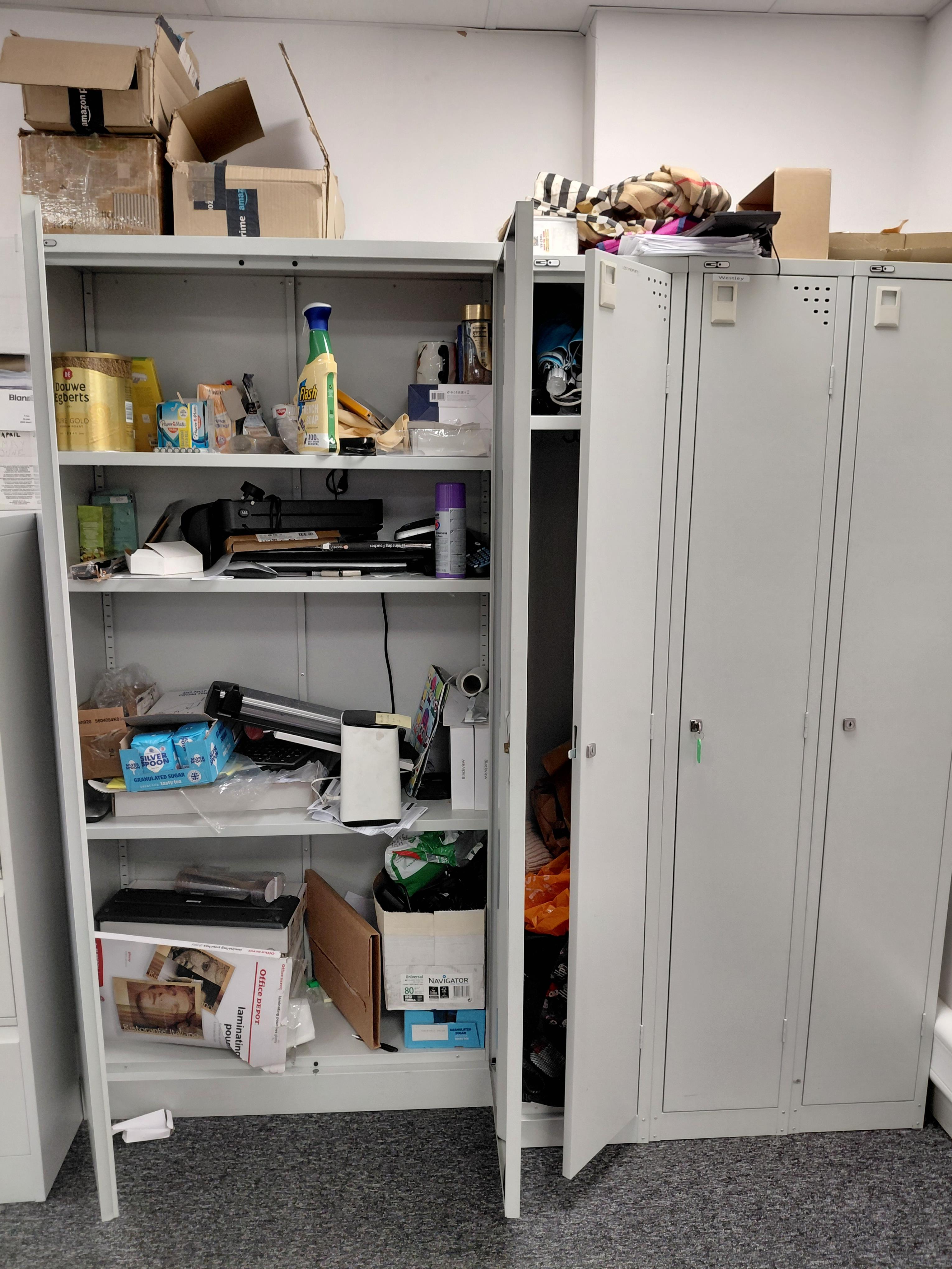 Steel Double Door Cabinet and Contents, 3x Single Door Key Operated Personal Lockers (Not all Keys) - photo 1