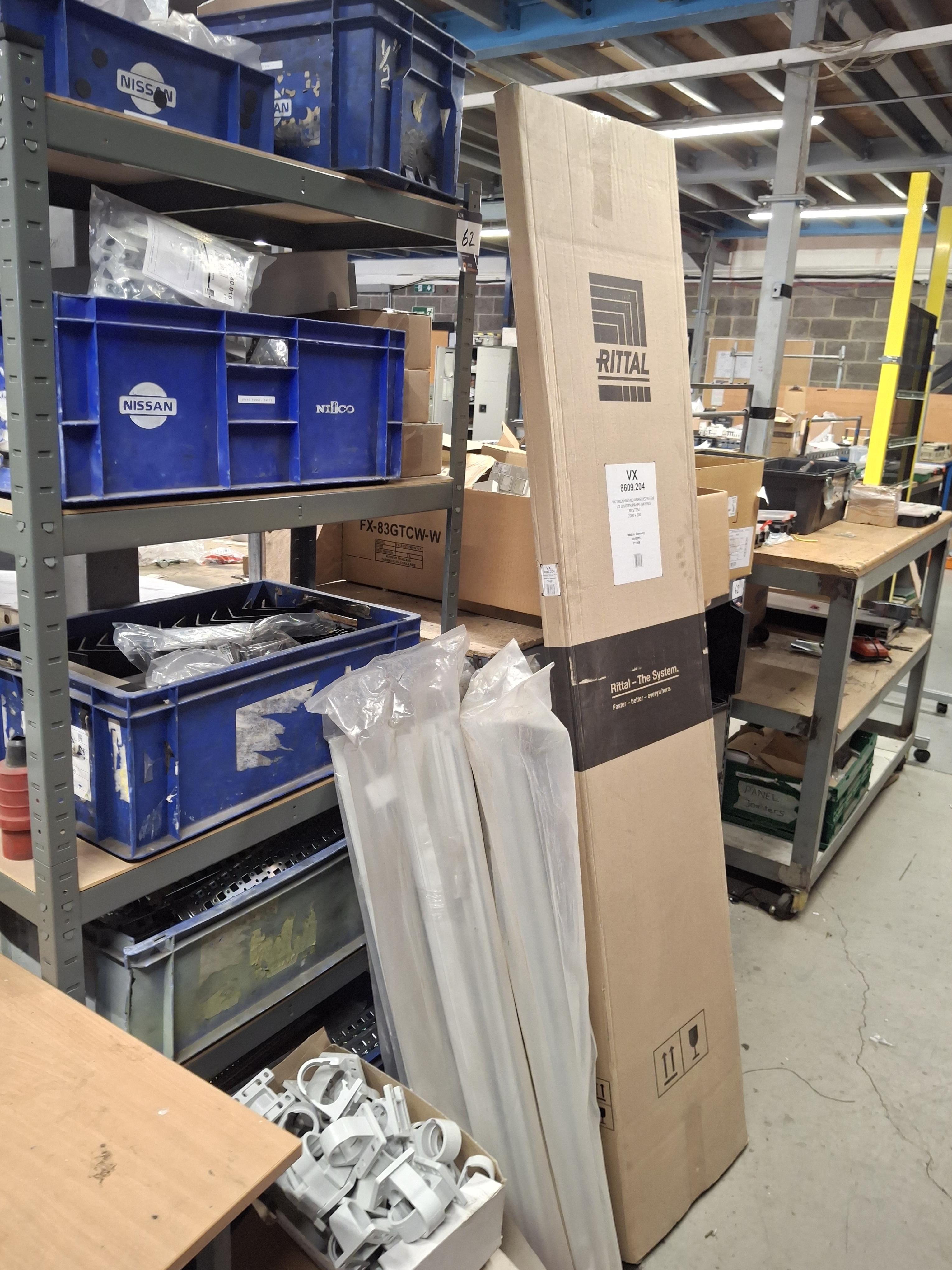 2 x Metal framed benches and bay of racking with contents and mobile barrier stand - photo 1