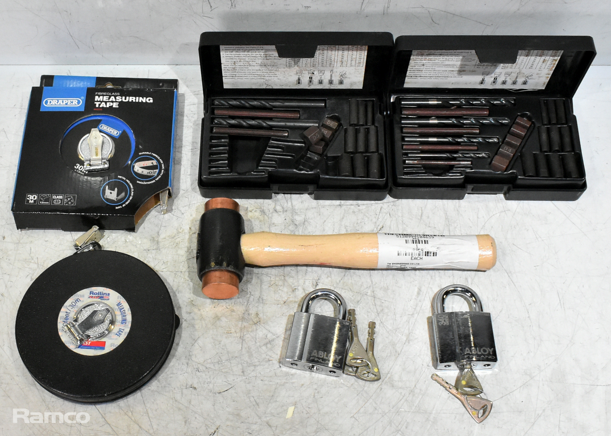 Hand tools - copper headed hammer, 2x 30M tape measure, 2x stud extractor set, Abloy padlocks - photo 1