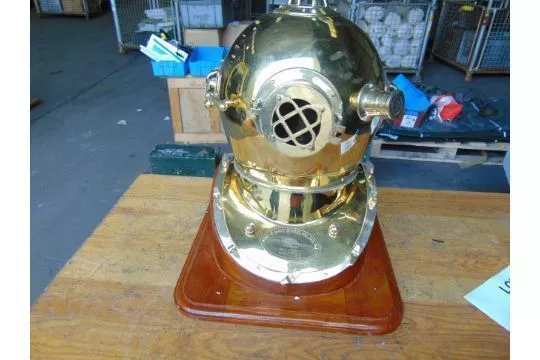 Replica Full Size U.S. Navy Mark V Brass Diving Helmet on wooden display stand. - photo 1