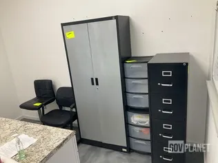(1) File Cabinet, (2) Sterilite Drawers, (2) Chairs & (1) Storage Cabinet