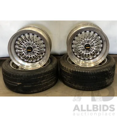 Simmons V5 16 Inch Three Piece Five Stud Alloy Wheels - Set of Four with Two Bridgestone Grid II Tyres