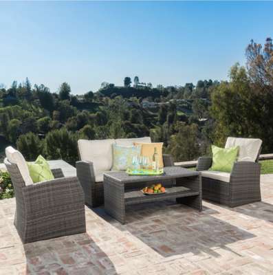 New Boxed 5722 Grey 4-Piece Rattan Patio Lounge Suite with Sofa, Chairs, Coffee Table & Cushions - photo 1