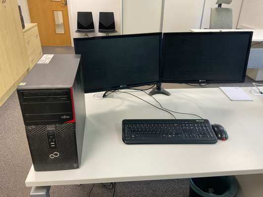 Fujitsu Esprimo P420 E85+ PC Tower c/w 2 x Neovo 21.5” Monitors, Monitor Stand, Keyboard & Mouse 240V — photo 1