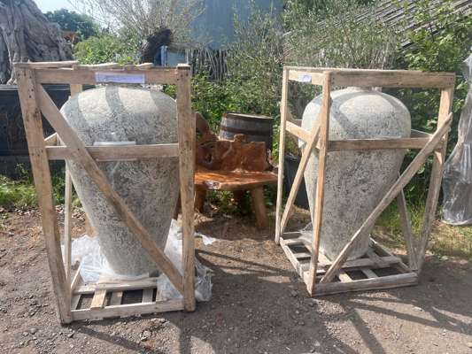 Crated Pair of Huge 5ft Tall Fibrecrete Planters/Vases in Antique Fossil Finish - photo 1