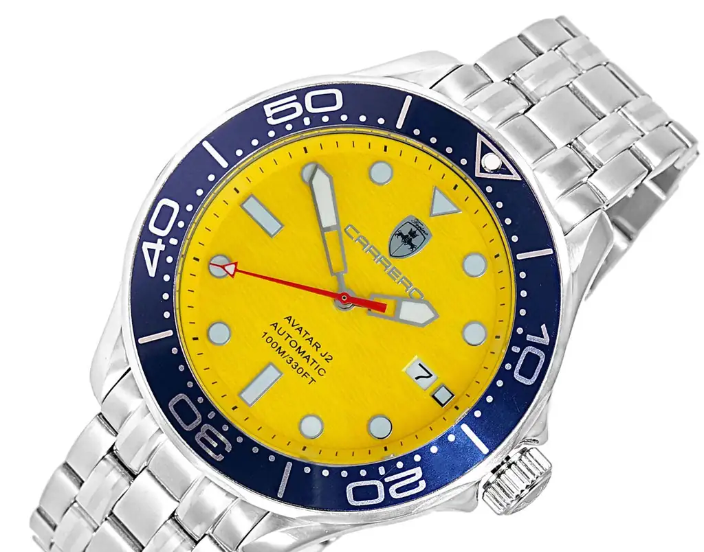 Complete Blue Automatic Watch Lechateau Watches- Automatic -24 Jewels NH35, Textured Yellow Date dial ...