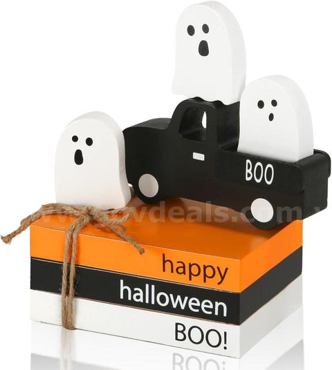 Brand New - 7PCS Cute Tabletop Halloween Decor Wood Faux Book Stack and Spooky Ghosts Sign - Shipping Available
