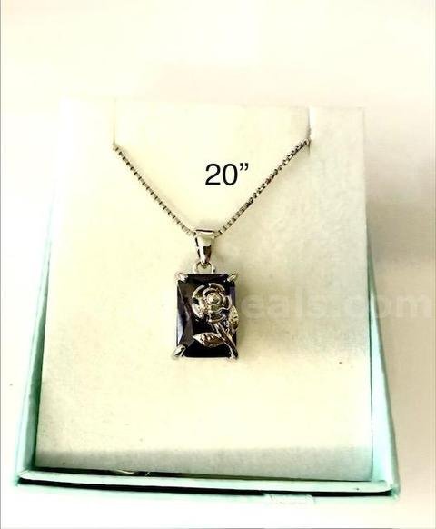 Beautiful, 20", Rhodium (Silver), Amethyst CZ Rose Pendant W/Necklace