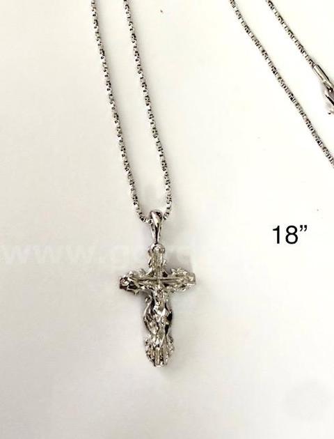 18" Rhodium (Silver), Diamond Cut Box Chain W/Cross Pendant