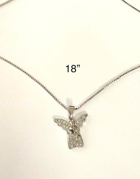Rhodium, CZ Angel Pendant W/18 Inch, Box Chain Necklace