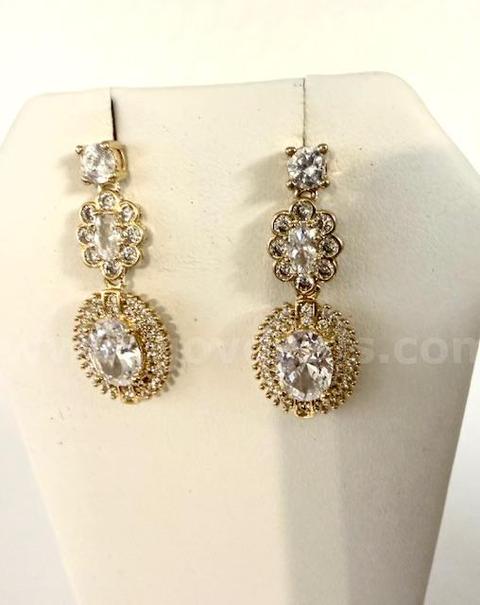 Stunning, 24k Gold, Double Oval CZ Solitaire Earrings W/Accents