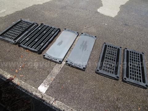 (6) USED BLACK PLASTIC SHELVES