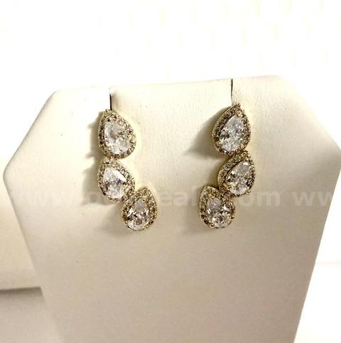 Stunning, 24k Gold, Triple Pear-Shape CZ Solitaire Earrings W/Accents