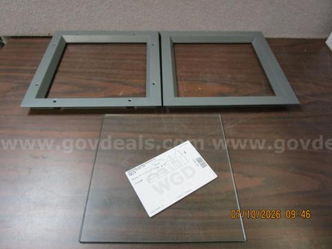(2) SQUARE GREY METAL FRAMES W/ ONE PIECE OF THICK GLASS