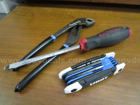 (3)USED TOOLS: 1-AUTOCRAFT SCREWDRIVER, 1-HART LOCKING GROOVE JOINT PLIERS, 1-HART 9-PIECE FOLDING HEX KEY 5/64" TO 1/4"