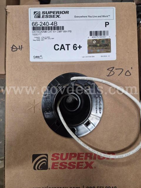 Full or 3/4 full boxes of CAT 5E, CAT 6 Plenum, CAT 6 Riser, and CAT 6+ Cable.