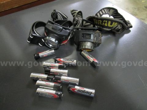 (2) USED HEADLAMPS; (10) USED AA BATTERIES