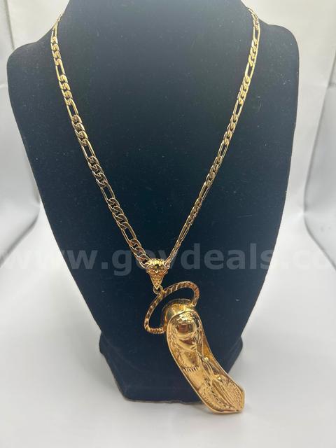 24k Gold, 20” Figaro Necklace W/ HUGE VIRGIN MARY Pendant. FREE SHIPPING W/ BUY IT NOW!!