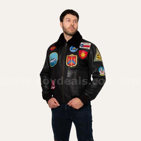 Men’s Genuine Leather Top Gun Bomber Jacket with Patches / real cowhide leather CUSTOM MADE