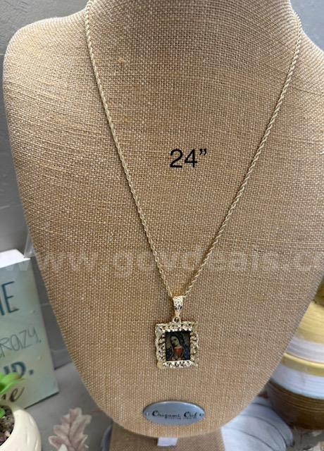 24k Gold, 24 ", 2MM Rope Necklace, W/Beautiful Frame Mary Pendant