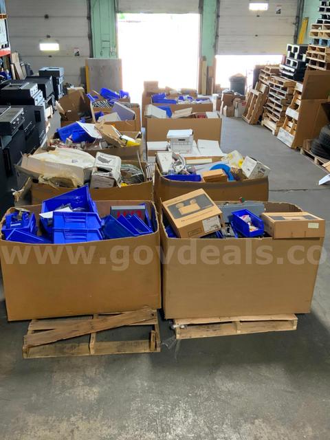 Huge Lot of 12 Bins of Electrical Equipment & Supplies Breakers Lights Enclosures Plugs Wires Receptacles Brackets