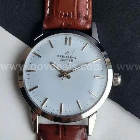 Breitling Geneve Vintage Manual Wind Watch White Dial Brown Leather Strap