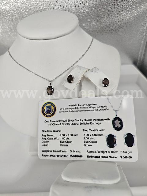 Solid Sterling Silver Smokey Topaz Necklace and Earring Set,  App $549