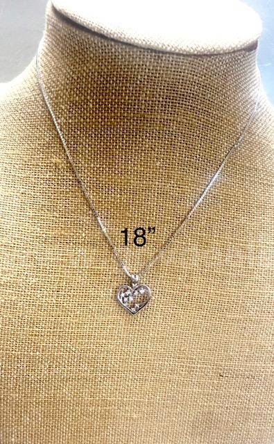 Rhodium, 18 inch, Box Chain Necklace W/CZ Heart Pendant