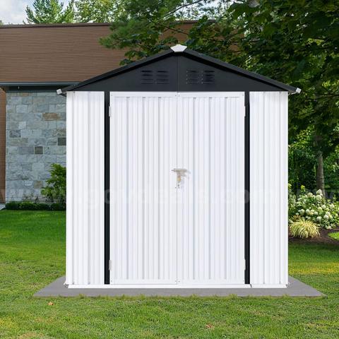 FREE SHIPPING - NEW - 4x6 FT Metal Outdoor Storage Shed w/ Apex Roof & Lockable Doors – White/Black
