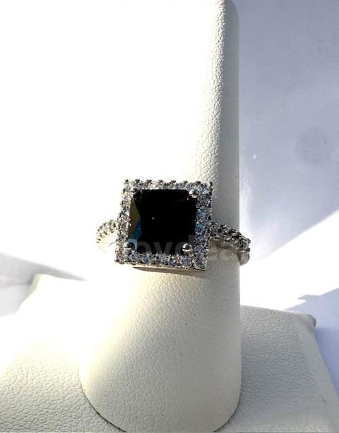 Ladies, Rhodium Clad, Size 9, Stunning, CZ Sapphire Princess Cut, Solitaire, W/Accents Ring