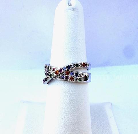 Ladies, Rhodium Clad, Size 6 1/2, Unique CZ Rainbow Ring
