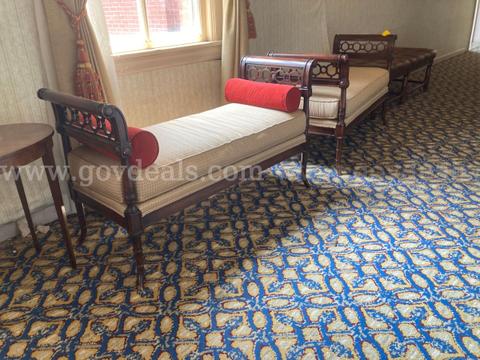 Lot of banquet hall furniture - settees, padded chairs, end tables