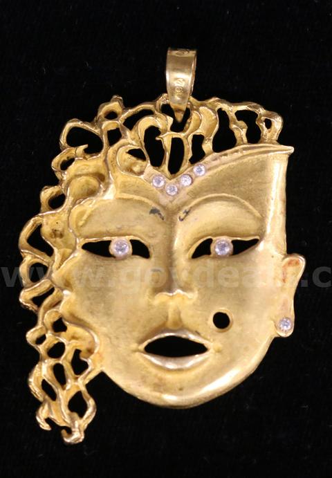 18K Yellow Fold Face/Mask Design Pendant with White Stones, 16.9 Grams