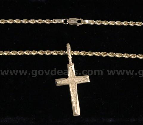 14K Yellow Gold Rope Necklace With Cross Pendant, 10.7 Grams