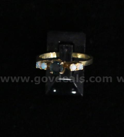 14k Yellow Gold Ring with Blue-Green Sapphire and White Opals, 2.6 Grams
