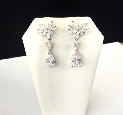 Gorgeous, Rhodium Clad, Pear Shape, CZ Solitaire Drop Earrings