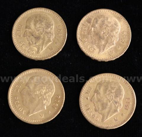 4 Assorted Date Mexico Diez Pesos Gold Coins, 33.2 Grams Total