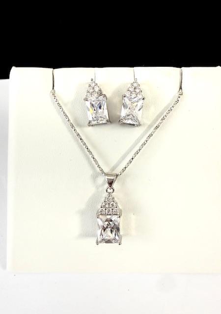 Stunning, Rhodium, CZ Rectangle, Solitaire Earrings, and Necklace Set W/18" Diamond Cut Box Chain