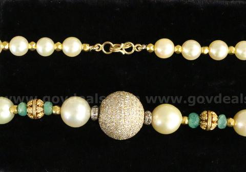 Pearl Necklace with 21k/14k Yellow Gold Beads and Diamonds, 38.4 Grams Total