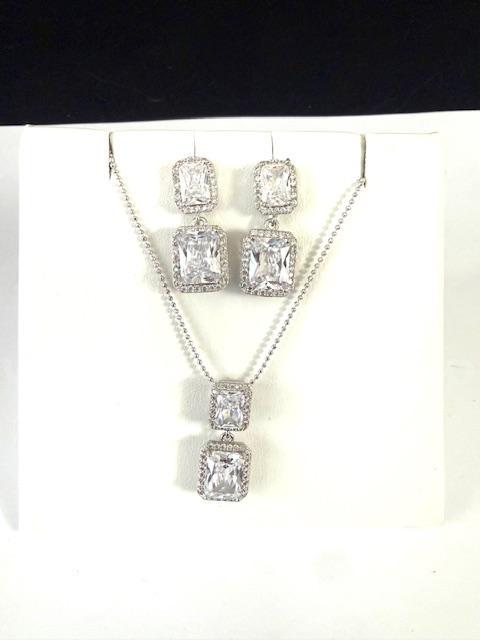 Stunning, Rhodium Clad, Hanging Solitaire Earrings W/Matching Pendant on 18" Chain