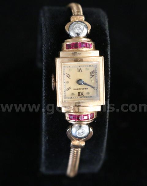 Vintage Ladies Hamilton 14k Rose Gold Watch with Rubies and Diamonds, 12.9 Grams