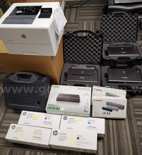 Printer Lot – HP LaserJet Pro M501, 4 Canon Pixma iP110 (Wireless Portable Printers) with hard cases, etc