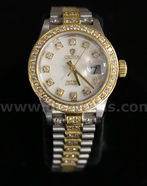 Ladies Stainless Steel and 18k Yellow Gold Automatic Croton Watch with Diamonds