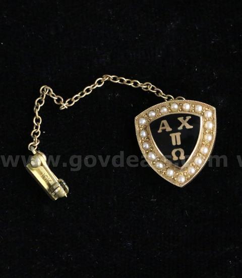 10K Yellow Gold Alpha Chi Pi Omega Pin W/Seed Pearls, 4.2 Grams