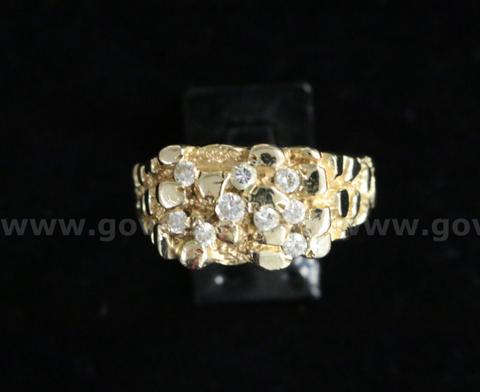 14K Yellow Gold Nugget Ring With Diamonds, 8.9 Grams