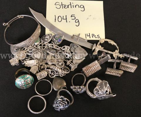 14 Pieces Assorted Sterling Silver Jewelry, 104.5 Grams Total