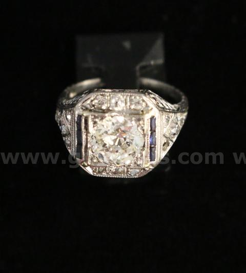 Vintage Platinum Filigree Ring W/1.35 Carat Rose Cut Diamond & Sapphires, 3.9G