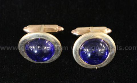 10K Yellow Gold Cufflinks With Blue Round Crystal Cabochon Stones, 6.6 Gams
